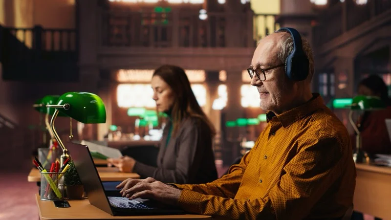 A man listening to loud music on headphones in library