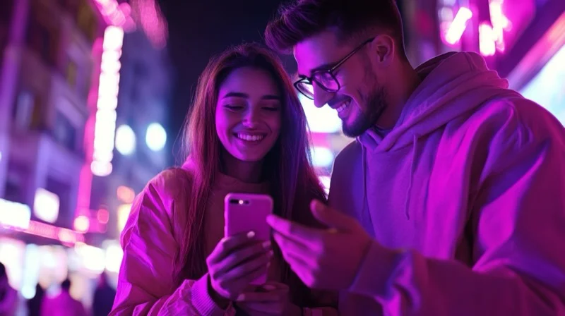 Couple using smartphone together in neon city illumination