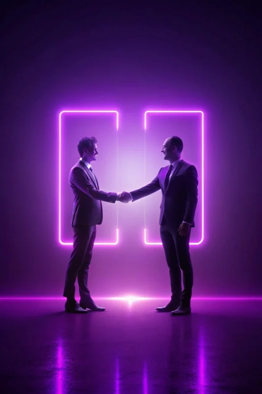 Stylized virtual reality handshake graphic on purple background